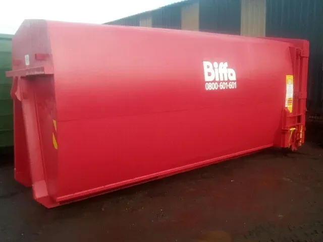 A red roll-on roll-off container finished in the customer's livery